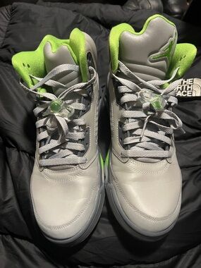 JORDANS  5's Nike Grey and Neon Green High Top Basketball Sneakers